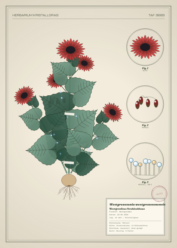 Botanische Tafel: Westgreussenia westgreussenensis, eine erfundene Pflanze aus Westgreußen, gezeichnet wie in einem alten Pflanzenatlas