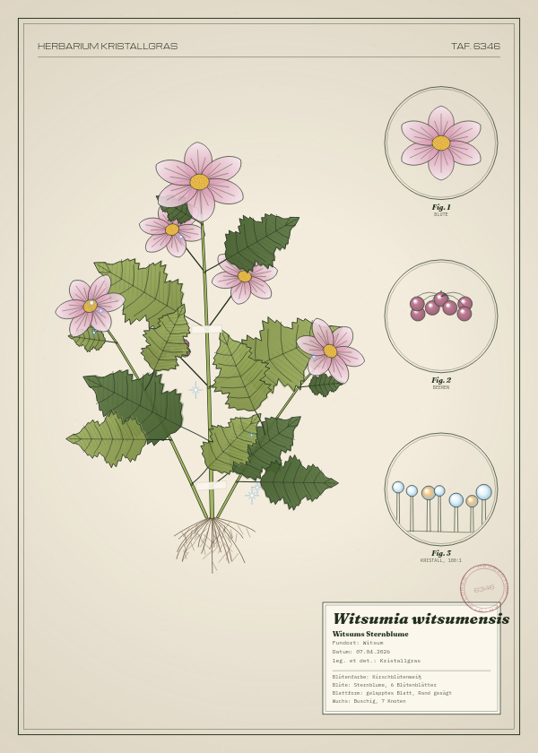Botanische Tafel: Witsumia witsumensis, eine erfundene Pflanze aus Witsum, gezeichnet wie in einem alten Pflanzenatlas