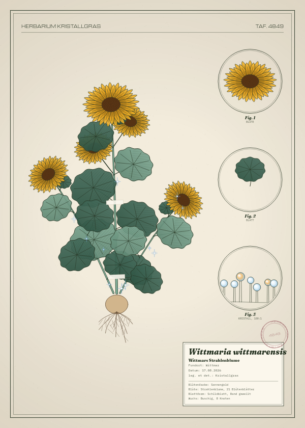 Botanische Tafel: Wittmaria wittmarensis, eine erfundene Pflanze aus Wittmar, gezeichnet wie in einem alten Pflanzenatlas