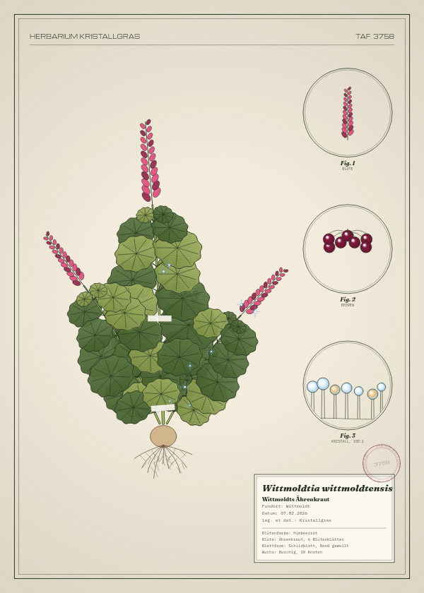 Botanische Tafel: Wittmoldtia wittmoldtensis, eine erfundene Pflanze aus Wittmoldt, gezeichnet wie in einem alten Pflanzenatlas