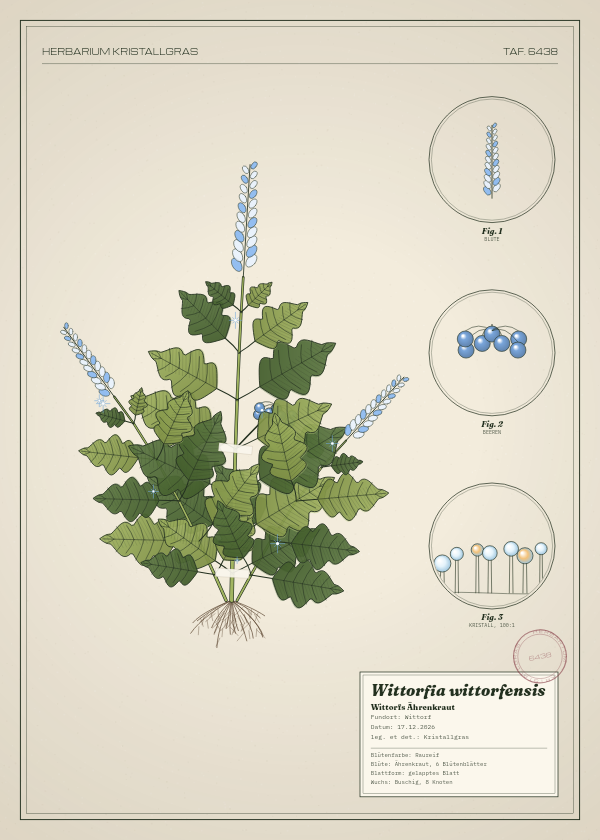 Botanische Tafel: Wittorfia wittorfensis, eine erfundene Pflanze aus Wittorf, gezeichnet wie in einem alten Pflanzenatlas