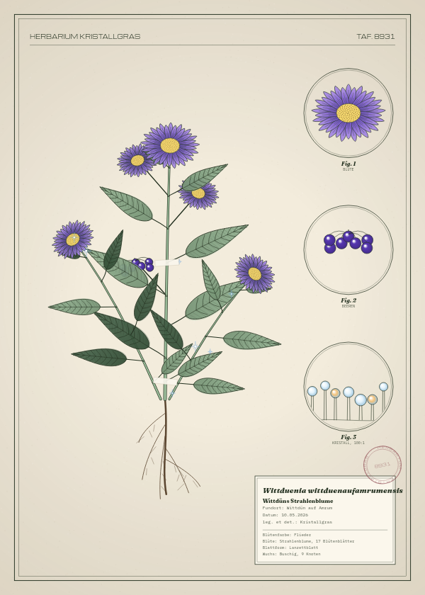 Botanische Tafel: Wittduenia wittduenaufamrumensis, eine erfundene Pflanze aus Wittdün auf Amrum, gezeichnet wie in einem alten Pflanzenatlas