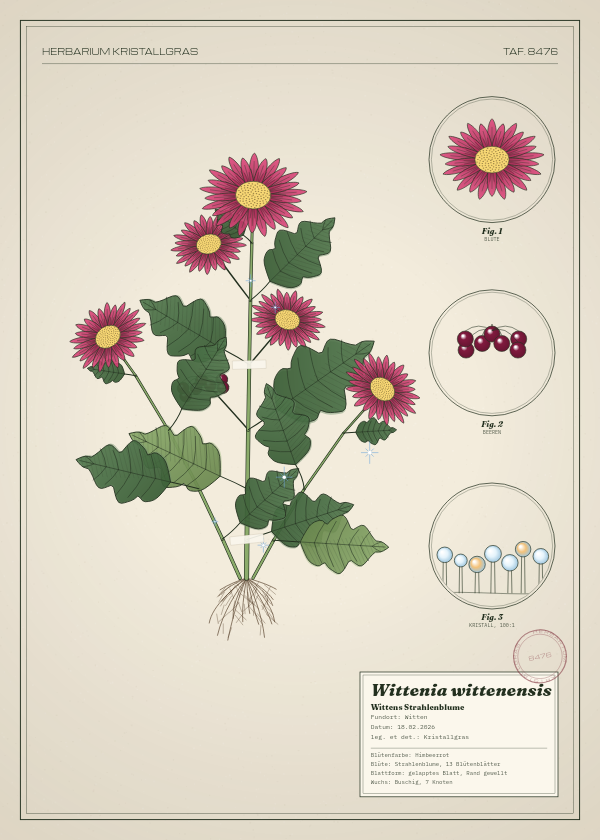 Botanische Tafel: Wittenia wittenensis, eine erfundene Pflanze aus Witten, gezeichnet wie in einem alten Pflanzenatlas