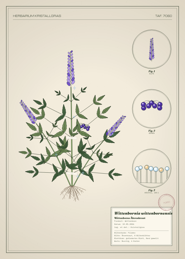 Botanische Tafel: Wittenbornia wittenbornensis, eine erfundene Pflanze aus Wittenborn, gezeichnet wie in einem alten Pflanzenatlas