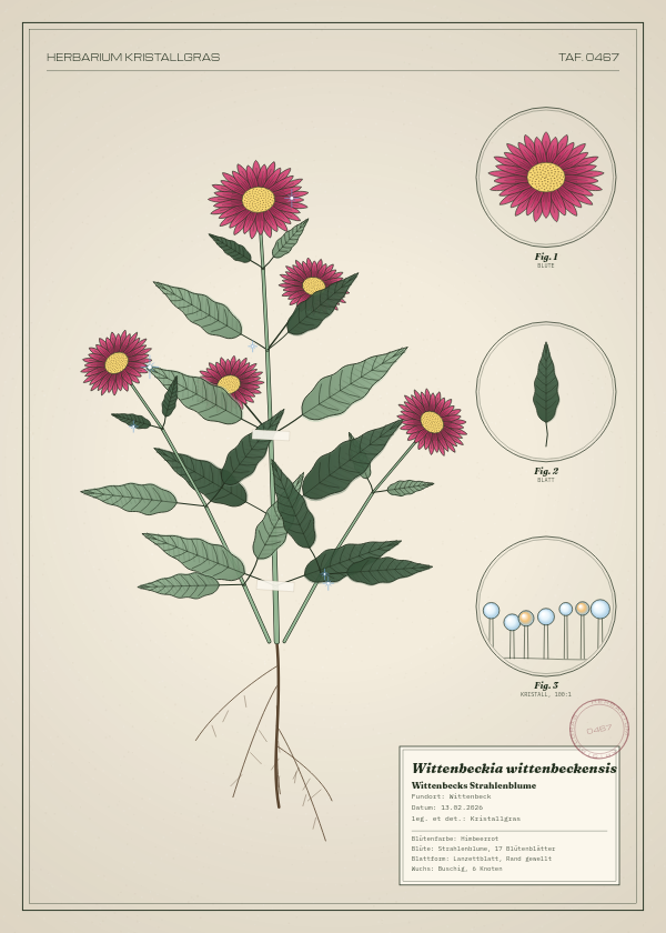 Botanische Tafel: Wittenbeckia wittenbeckensis, eine erfundene Pflanze aus Wittenbeck, gezeichnet wie in einem alten Pflanzenatlas
