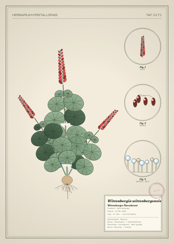 Botanische Tafel: Wittenbergia wittenbergensis, eine erfundene Pflanze aus Wittenberge, gezeichnet wie in einem alten Pflanzenatlas