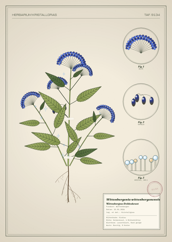 Botanische Tafel: Wittenbergenia wittenbergenensis, eine erfundene Pflanze aus Wittenbergen, gezeichnet wie in einem alten Pflanzenatlas