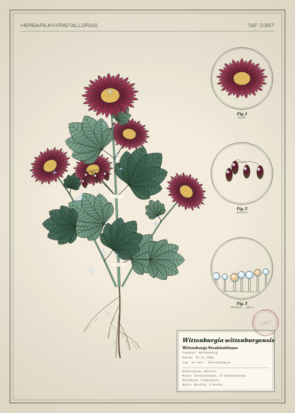 Botanische Tafel: Wittenburgia wittenburgensis, eine erfundene Pflanze aus Wittenburg, gezeichnet wie in einem alten Pflanzenatlas