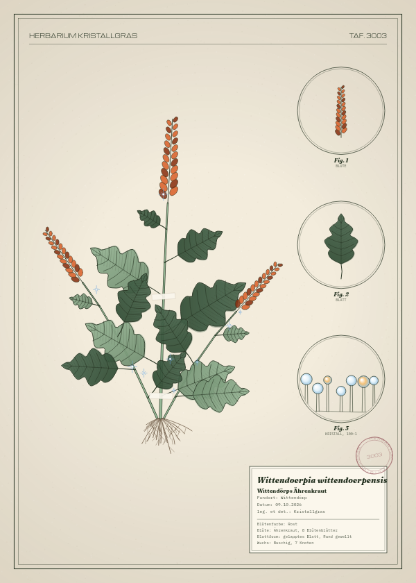 Botanische Tafel: Wittendoerpia wittendoerpensis, eine erfundene Pflanze aus Wittendörp, gezeichnet wie in einem alten Pflanzenatlas