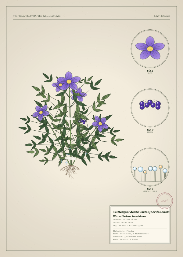 Botanische Tafel: Wittenfoerdenia wittenfoerdenensis, eine erfundene Pflanze aus Wittenförden, gezeichnet wie in einem alten Pflanzenatlas