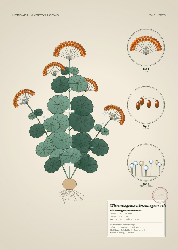 Botanische Tafel: Wittenhagenia wittenhagenensis, eine erfundene Pflanze aus Wittenhagen, gezeichnet wie in einem alten Pflanzenatlas