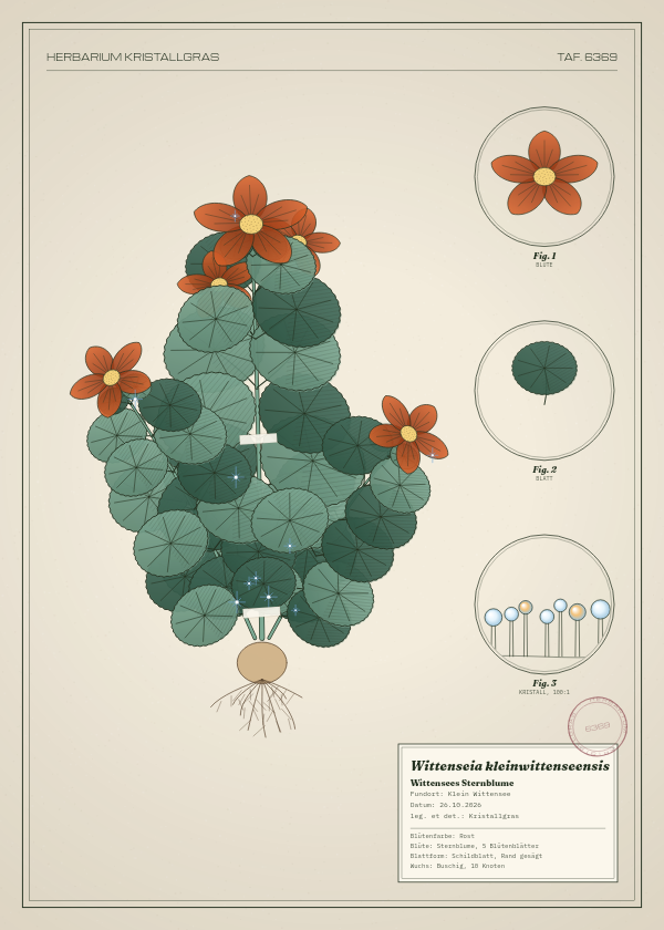 Botanische Tafel: Wittenseia kleinwittenseensis, eine erfundene Pflanze aus Klein Wittensee, gezeichnet wie in einem alten Pflanzenatlas
