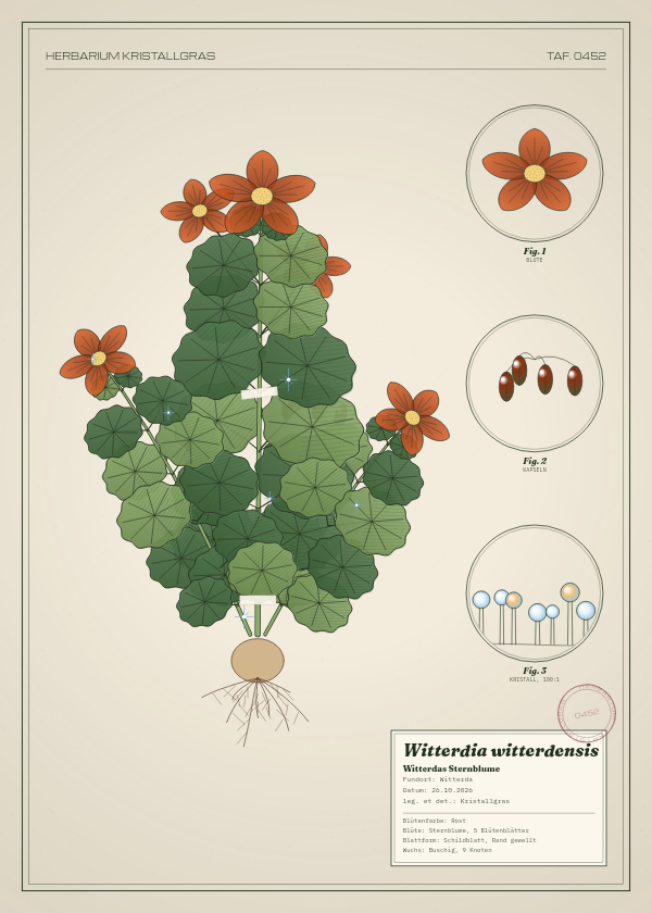 Botanische Tafel: Witterdia witterdensis, eine erfundene Pflanze aus Witterda, gezeichnet wie in einem alten Pflanzenatlas