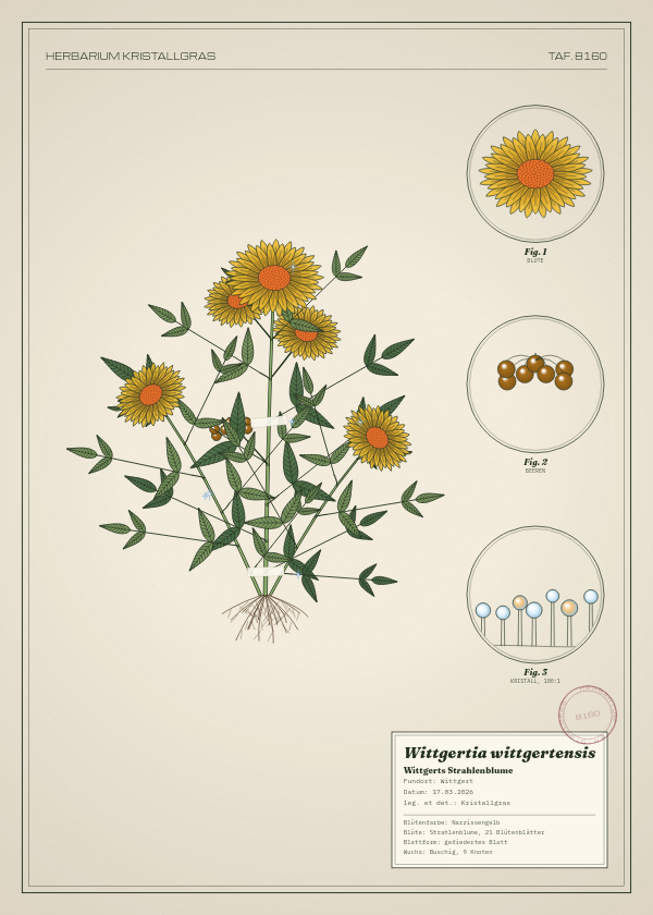 Botanische Tafel: Wittgertia wittgertensis, eine erfundene Pflanze aus Wittgert, gezeichnet wie in einem alten Pflanzenatlas