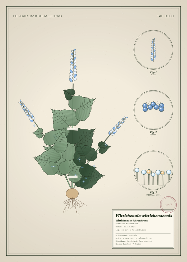 Botanische Tafel: Wittichenaia wittichenaensis, eine erfundene Pflanze aus Wittichenau, gezeichnet wie in einem alten Pflanzenatlas