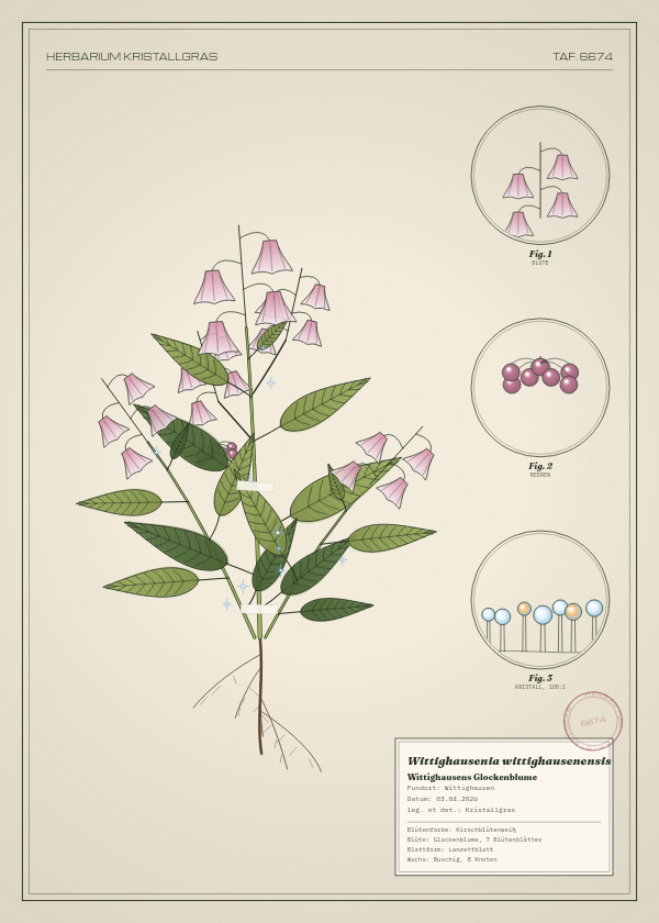 Botanische Tafel: Wittighausenia wittighausenensis, eine erfundene Pflanze aus Wittighausen, gezeichnet wie in einem alten Pflanzenatlas