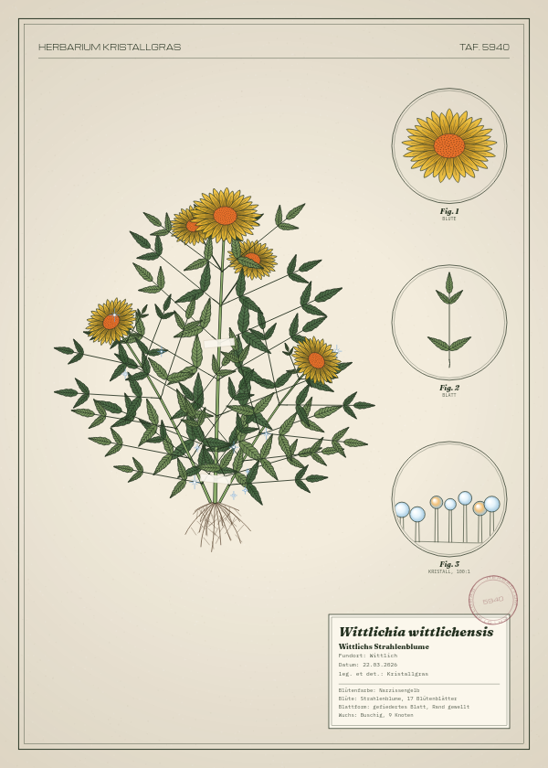 Botanische Tafel: Wittlichia wittlichensis, eine erfundene Pflanze aus Wittlich, gezeichnet wie in einem alten Pflanzenatlas