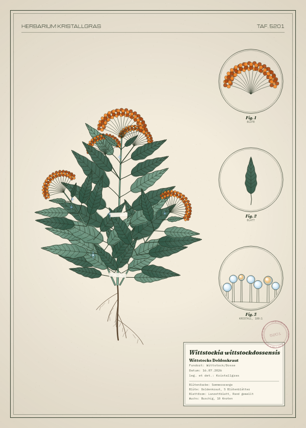 Botanische Tafel: Wittstockia wittstockdossensis, eine erfundene Pflanze aus Wittstock/Dosse, gezeichnet wie in einem alten Pflanzenatlas