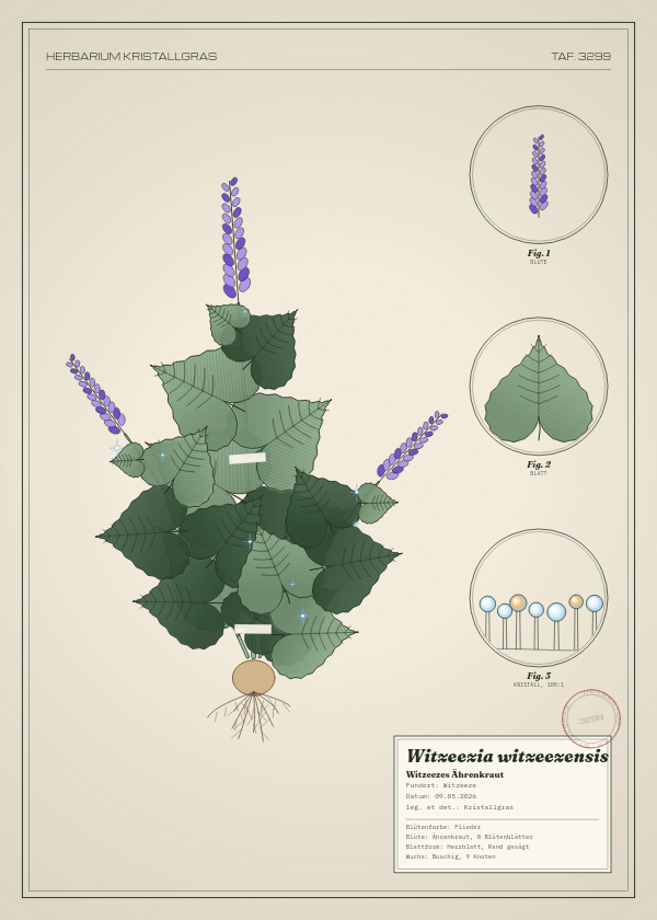 Botanische Tafel: Witzeezia witzeezensis, eine erfundene Pflanze aus Witzeeze, gezeichnet wie in einem alten Pflanzenatlas