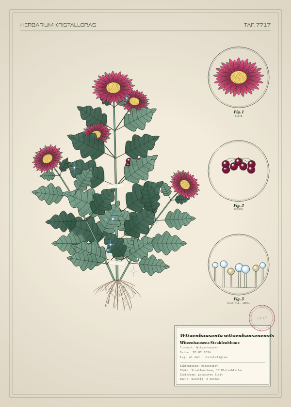 Botanische Tafel: Witzenhausenia witzenhausenensis, eine erfundene Pflanze aus Witzenhausen, gezeichnet wie in einem alten Pflanzenatlas