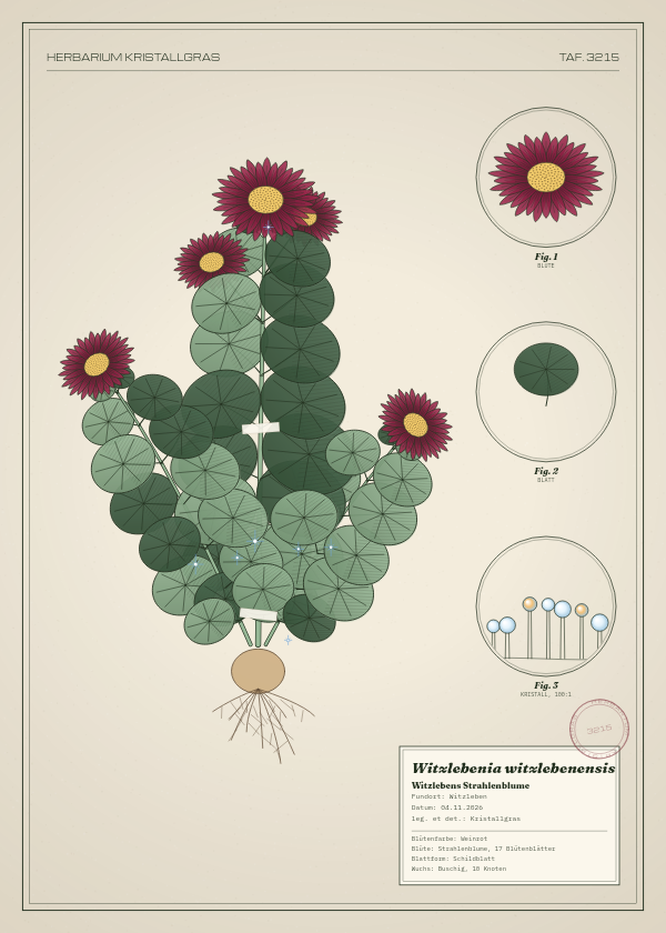 Botanische Tafel: Witzlebenia witzlebenensis, eine erfundene Pflanze aus Witzleben, gezeichnet wie in einem alten Pflanzenatlas