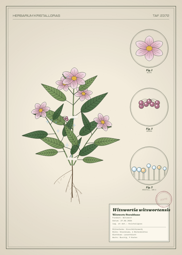 Botanische Tafel: Witzwortia witzwortensis, eine erfundene Pflanze aus Witzwort, gezeichnet wie in einem alten Pflanzenatlas