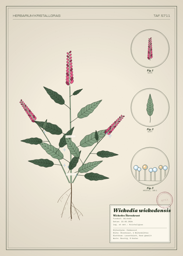 Botanische Tafel: Wickedia wickedensis, eine erfundene Pflanze aus Wickede, gezeichnet wie in einem alten Pflanzenatlas