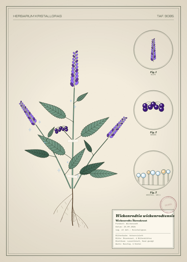 Botanische Tafel: Wickenrodtia wickenrodtensis, eine erfundene Pflanze aus Wickenrodt, gezeichnet wie in einem alten Pflanzenatlas