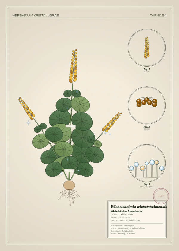 Botanische Tafel: Wiebelsheimia wiebelsheimensis, eine erfundene Pflanze aus Wiebelsheim, gezeichnet wie in einem alten Pflanzenatlas