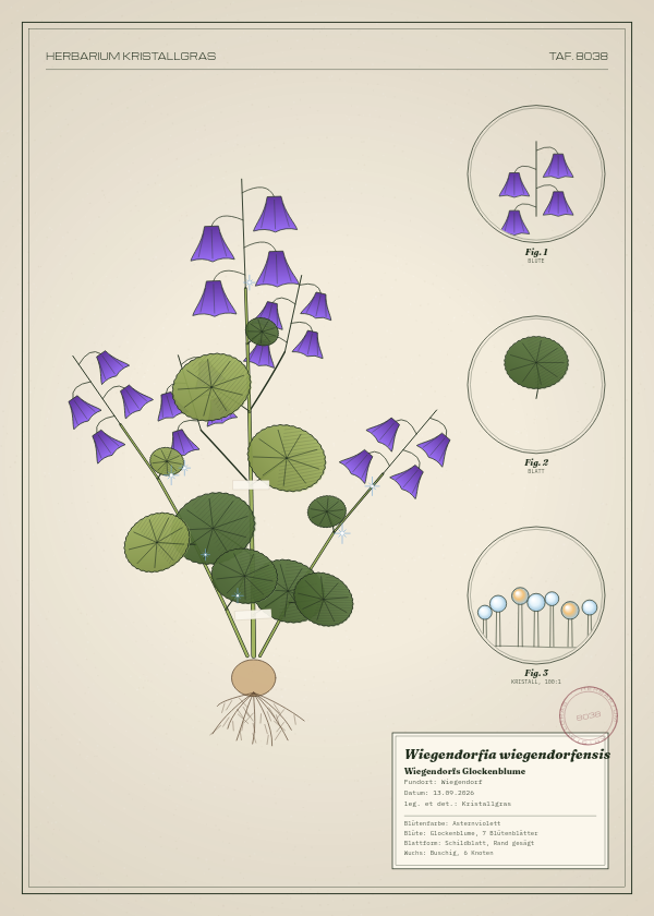 Botanische Tafel: Wiegendorfia wiegendorfensis, eine erfundene Pflanze aus Wiegendorf, gezeichnet wie in einem alten Pflanzenatlas