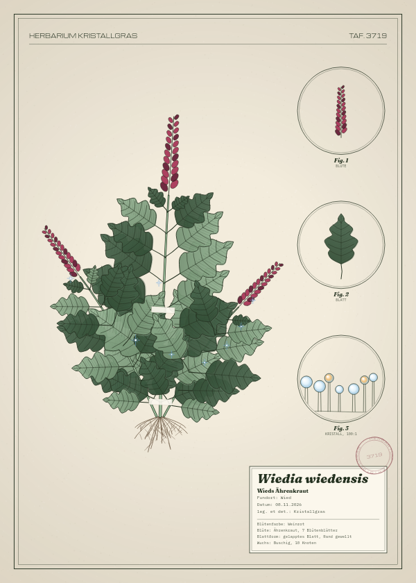 Botanische Tafel: Wiedia wiedensis, eine erfundene Pflanze aus Wied, gezeichnet wie in einem alten Pflanzenatlas