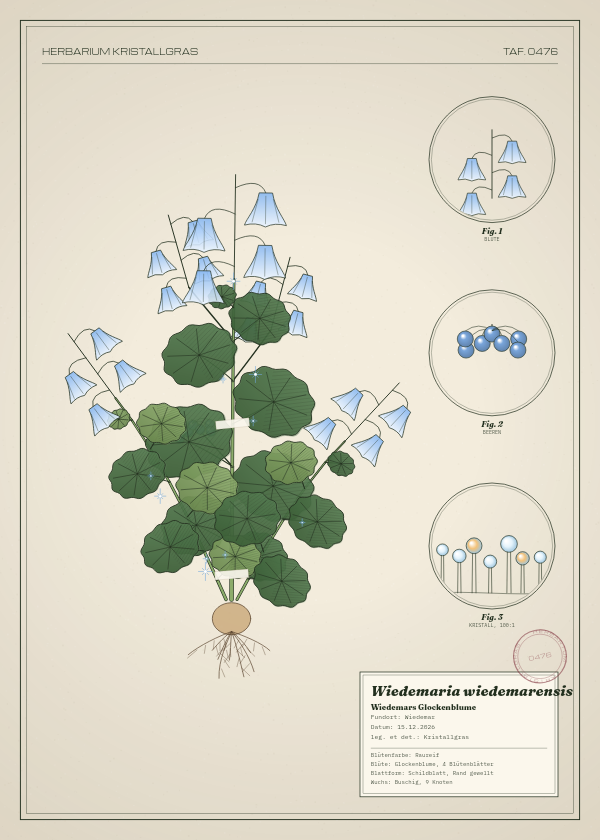 Botanische Tafel: Wiedemaria wiedemarensis, eine erfundene Pflanze aus Wiedemar, gezeichnet wie in einem alten Pflanzenatlas