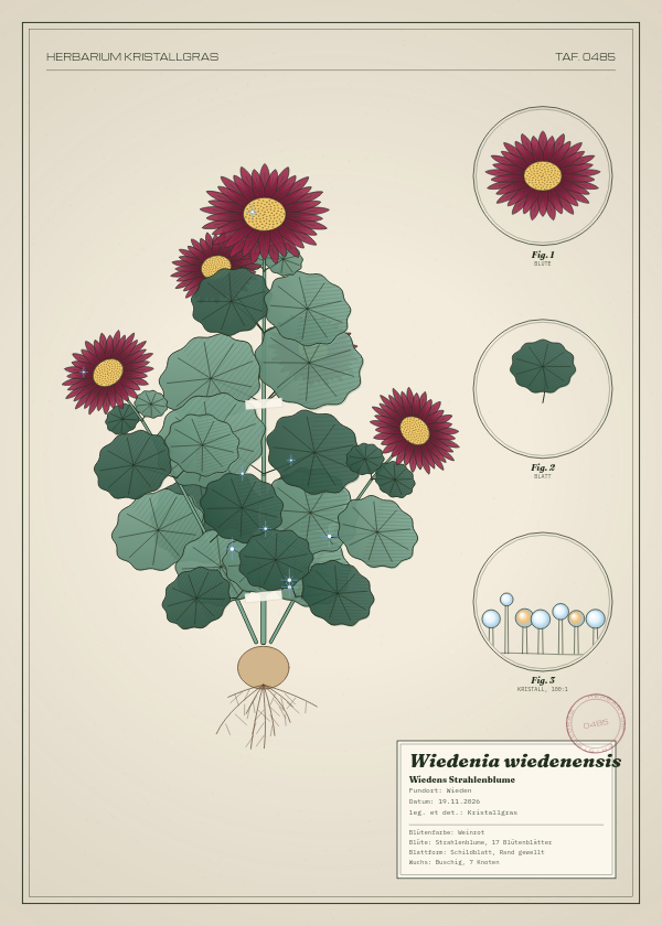 Botanische Tafel: Wiedenia wiedenensis, eine erfundene Pflanze aus Wieden, gezeichnet wie in einem alten Pflanzenatlas