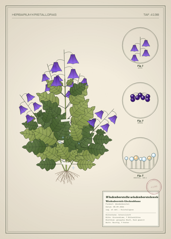 Botanische Tafel: Wiedenborstelia wiedenborstelensis, eine erfundene Pflanze aus Wiedenborstel, gezeichnet wie in einem alten Pflanzenatlas