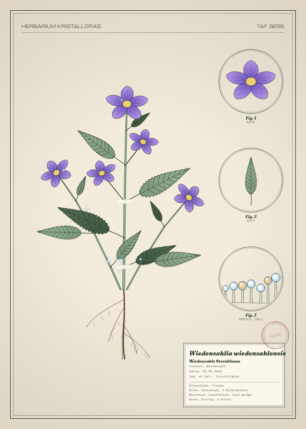Botanische Tafel: Wiedensahlia wiedensahlensis, eine erfundene Pflanze aus Wiedensahl, gezeichnet wie in einem alten Pflanzenatlas