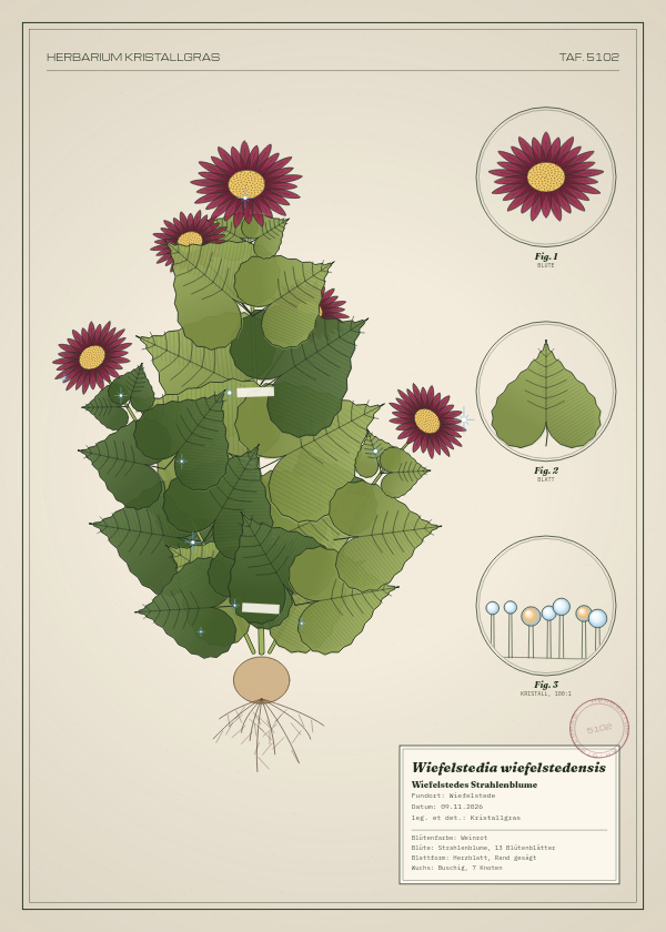 Botanische Tafel: Wiefelstedia wiefelstedensis, eine erfundene Pflanze aus Wiefelstede, gezeichnet wie in einem alten Pflanzenatlas