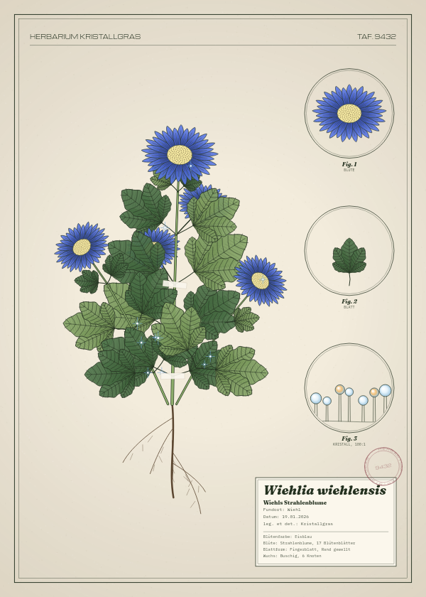 Botanische Tafel: Wiehlia wiehlensis, eine erfundene Pflanze aus Wiehl, gezeichnet wie in einem alten Pflanzenatlas