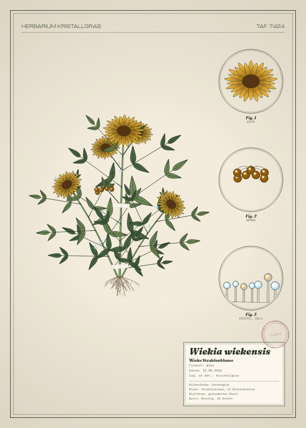 Botanische Tafel: Wiekia wiekensis, eine erfundene Pflanze aus Wiek, gezeichnet wie in einem alten Pflanzenatlas
