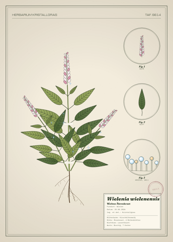 Botanische Tafel: Wielenia wielenensis, eine erfundene Pflanze aus Wielen, gezeichnet wie in einem alten Pflanzenatlas