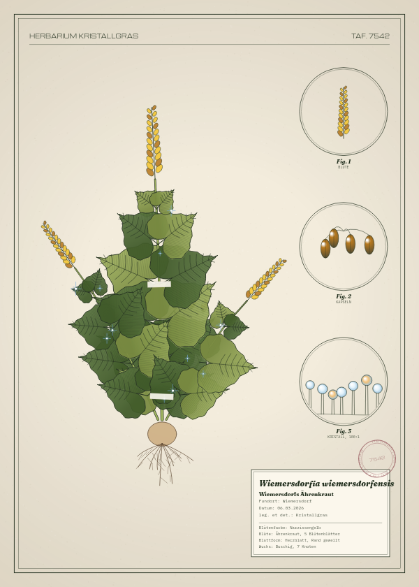 Botanische Tafel: Wiemersdorfia wiemersdorfensis, eine erfundene Pflanze aus Wiemersdorf, gezeichnet wie in einem alten Pflanzenatlas