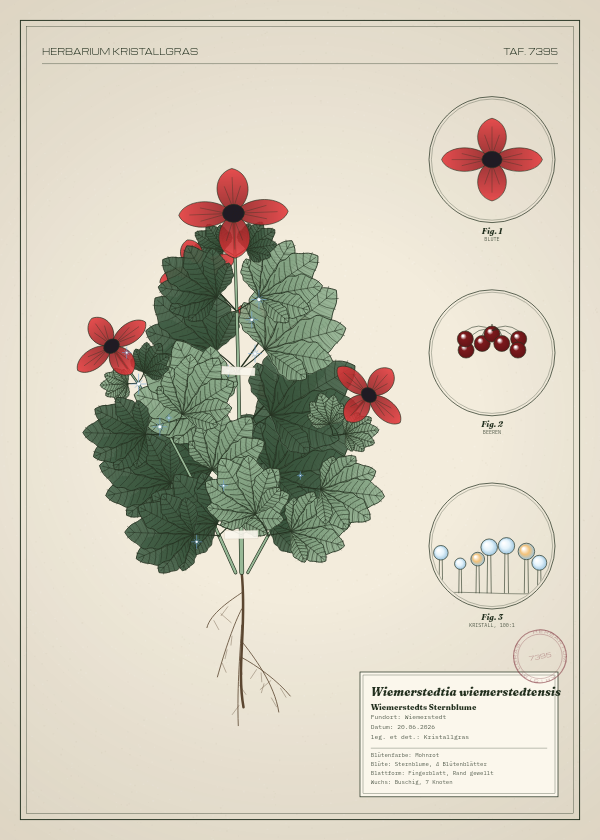 Botanische Tafel: Wiemerstedtia wiemerstedtensis, eine erfundene Pflanze aus Wiemerstedt, gezeichnet wie in einem alten Pflanzenatlas