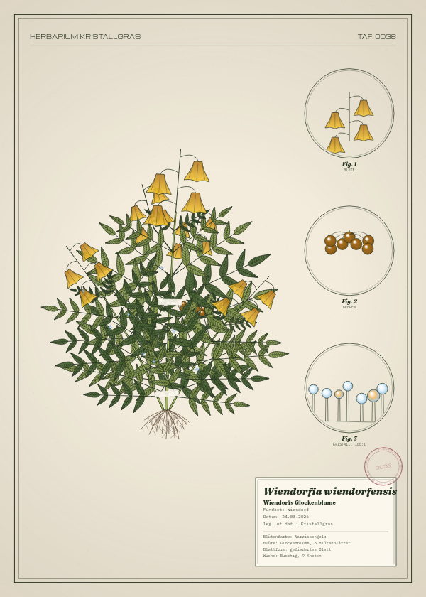 Botanische Tafel: Wiendorfia wiendorfensis, eine erfundene Pflanze aus Wiendorf, gezeichnet wie in einem alten Pflanzenatlas