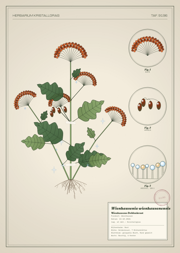 Botanische Tafel: Wienhausenia wienhausenensis, eine erfundene Pflanze aus Wienhausen, gezeichnet wie in einem alten Pflanzenatlas