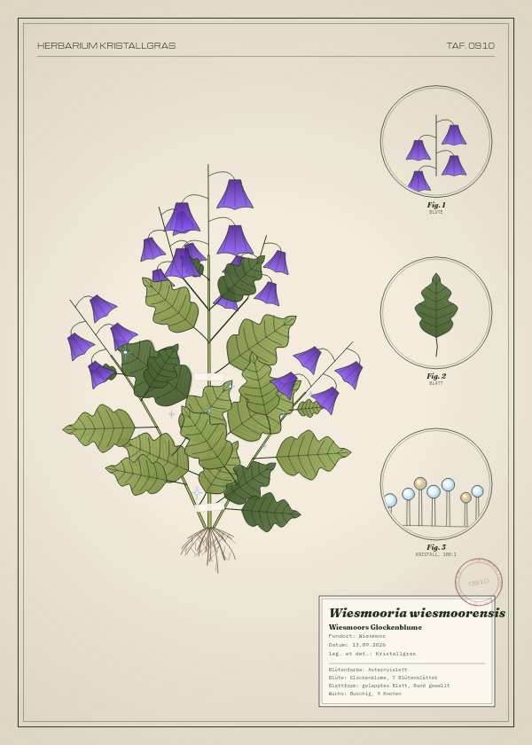 Botanische Tafel: Wiesmooria wiesmoorensis, eine erfundene Pflanze aus Wiesmoor, gezeichnet wie in einem alten Pflanzenatlas