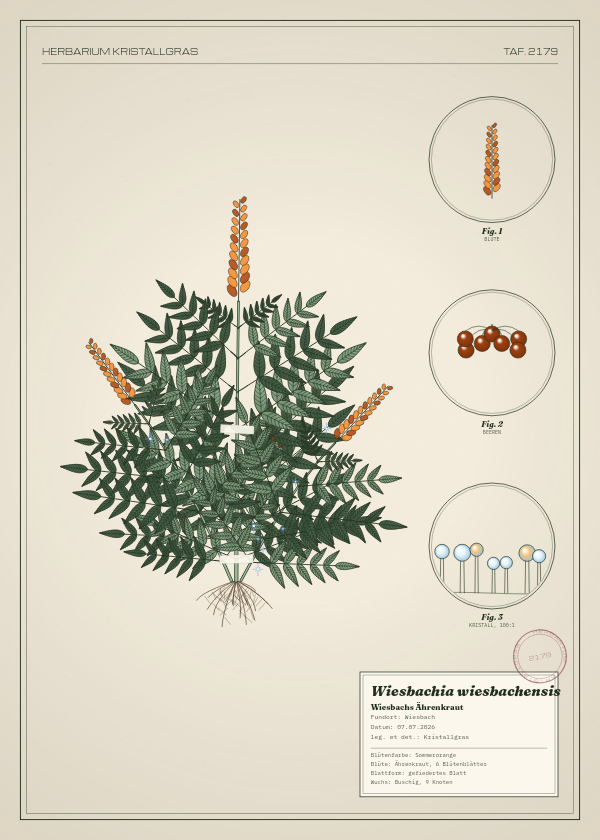 Botanische Tafel: Wiesbachia wiesbachensis, eine erfundene Pflanze aus Wiesbach, gezeichnet wie in einem alten Pflanzenatlas