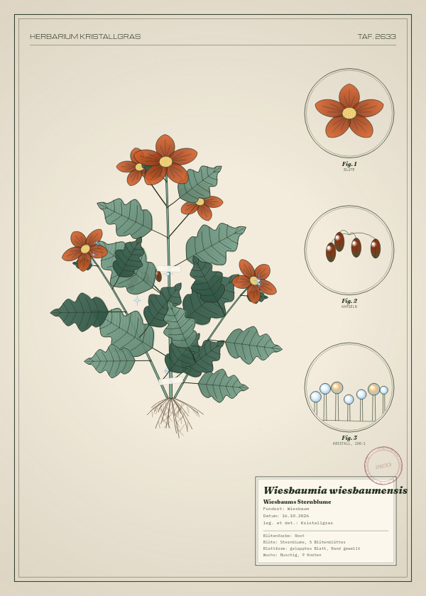 Botanische Tafel: Wiesbaumia wiesbaumensis, eine erfundene Pflanze aus Wiesbaum, gezeichnet wie in einem alten Pflanzenatlas