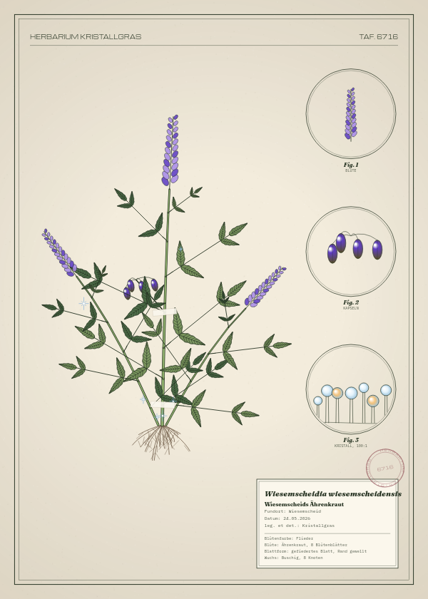 Botanische Tafel: Wiesemscheidia wiesemscheidensis, eine erfundene Pflanze aus Wiesemscheid, gezeichnet wie in einem alten Pflanzenatlas