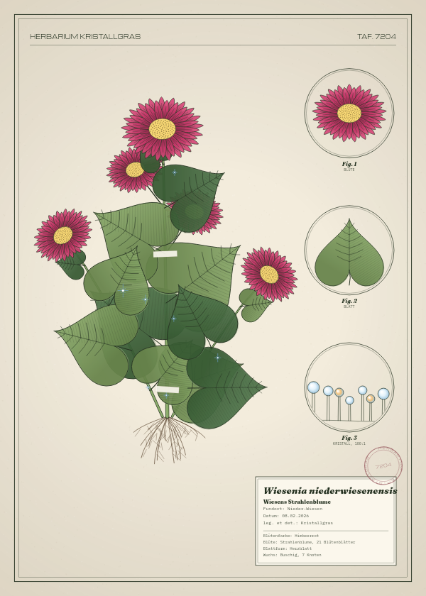 Botanische Tafel: Wiesenia niederwiesenensis, eine erfundene Pflanze aus Nieder-Wiesen, gezeichnet wie in einem alten Pflanzenatlas