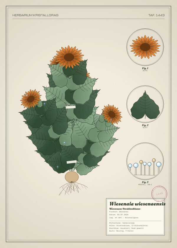 Botanische Tafel: Wiesenaia wiesenaensis, eine erfundene Pflanze aus Wiesenau, gezeichnet wie in einem alten Pflanzenatlas