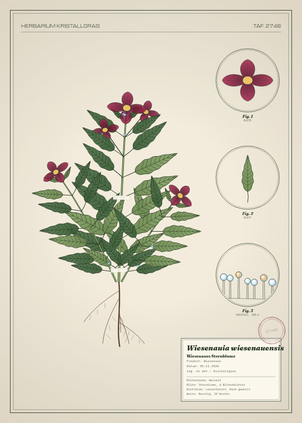 Botanische Tafel: Wiesenauia wiesenauensis, eine erfundene Pflanze aus Wiesenaue, gezeichnet wie in einem alten Pflanzenatlas